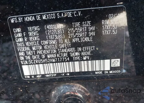 2017 Honda Hr-V Ex from USA, damaged, VIN 3CZRU5H52HM717754